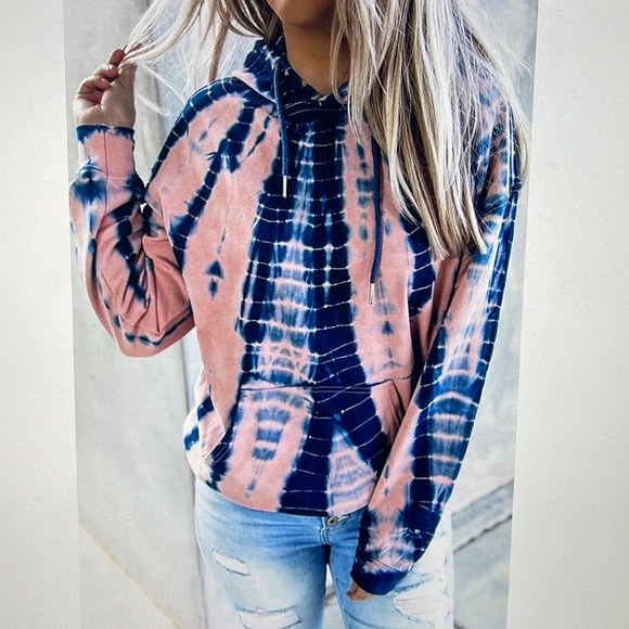 Tops - Tie Dye Pullover Kangaroo Pocket Hoodie Sweatshirt Pink Blue Size 2XL